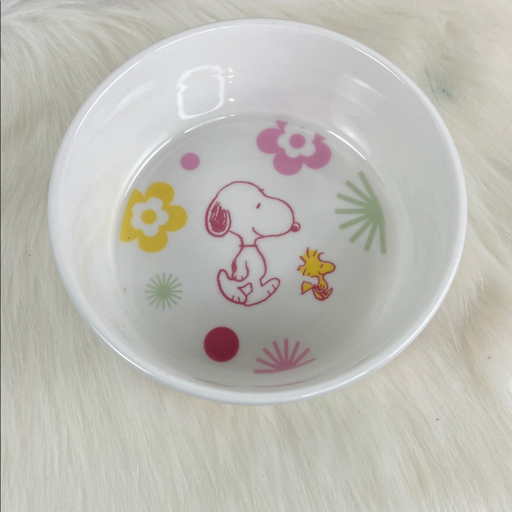 Peanuts Ceramic Dog Bowl with Snoopy and Woodstock – White, Pink, Yellow, Green - Picture 2 of 3